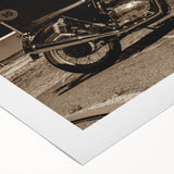 Art deco poster featuring a vintage motorcycle in monochrome shades on rolled canvas, suitable for dining room or bathroom.