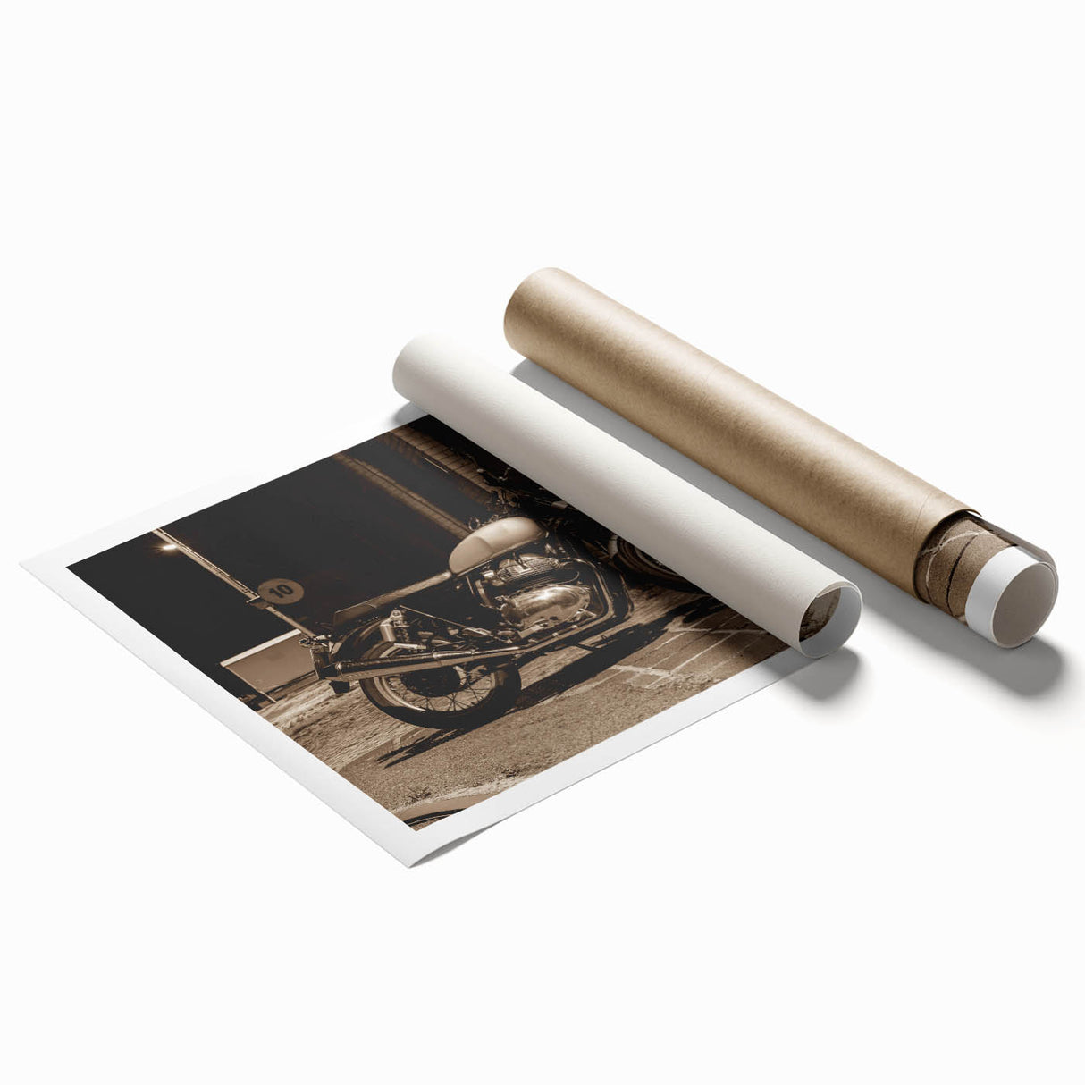 Extra large rolled print of a motorcycle, rendered in grayscale, suitable as classy bathroom wall art.