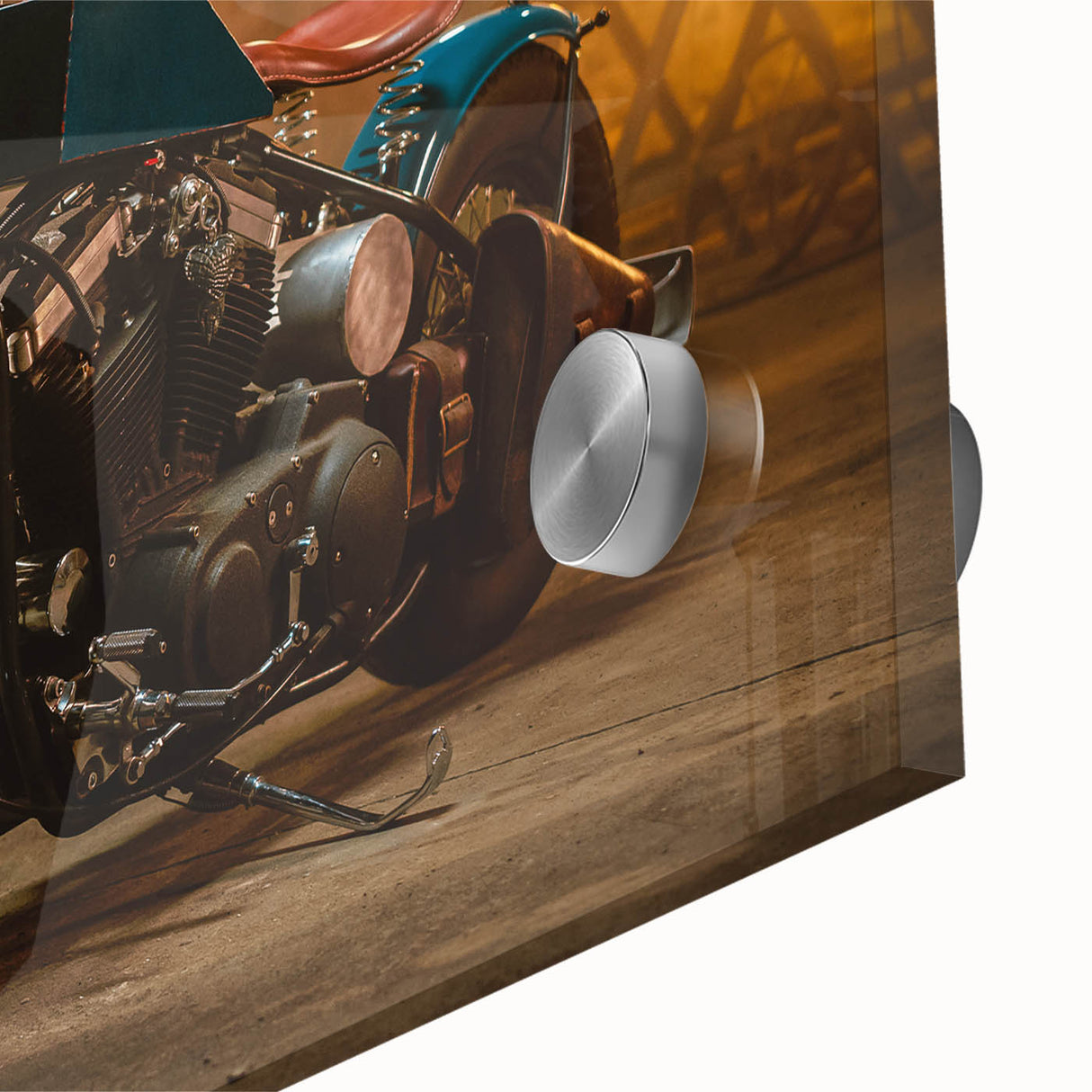 Large abstract motorcycle print in muted gray and orange, acrylic glass, ideal for dining room art.