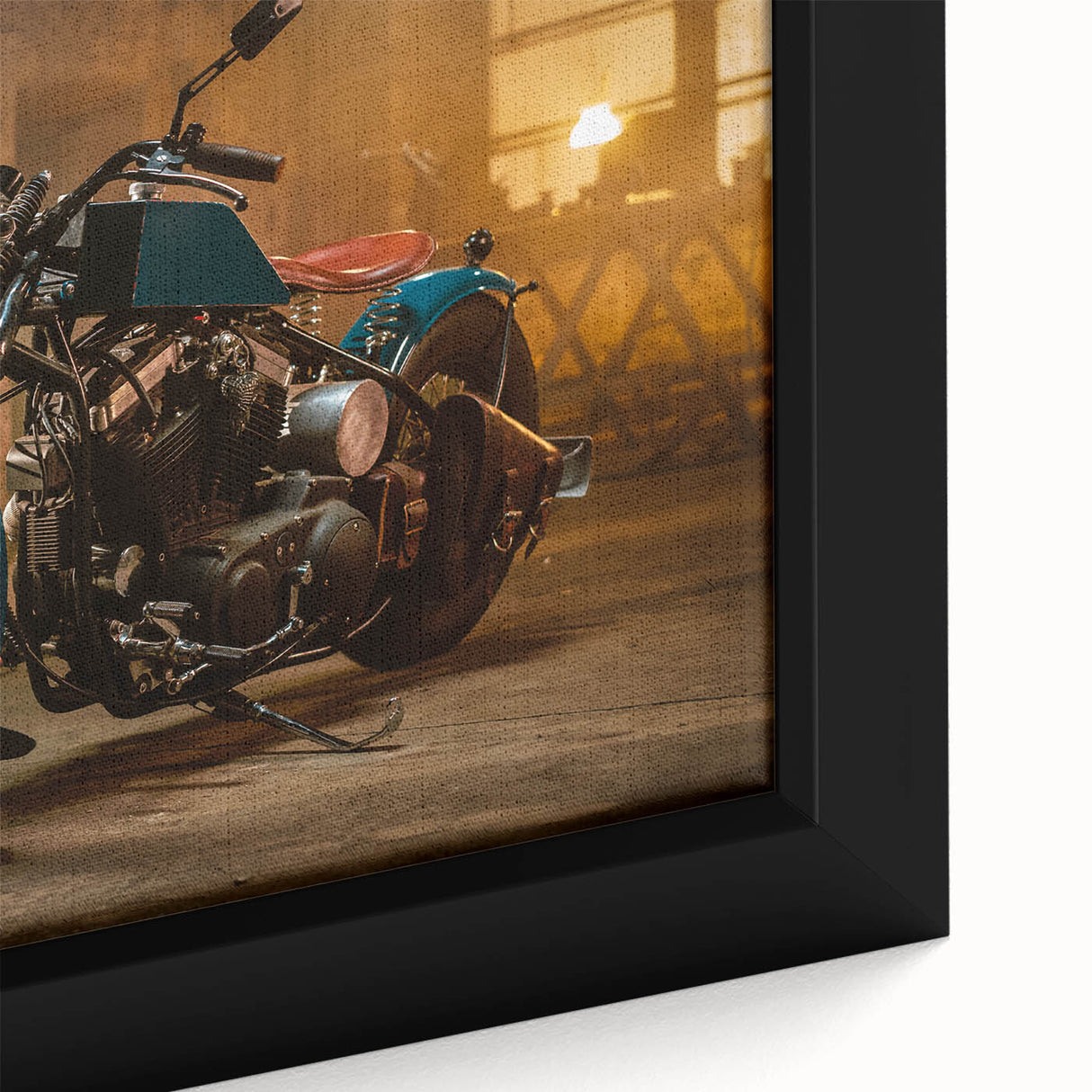 Extra large framed canvas featuring a black motorcycle with colorful, textured details, ideal for living room decor.