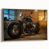Framed canvas featuring a vintage-style motorcycle in black and gold tones, ideal for bedroom wall art.