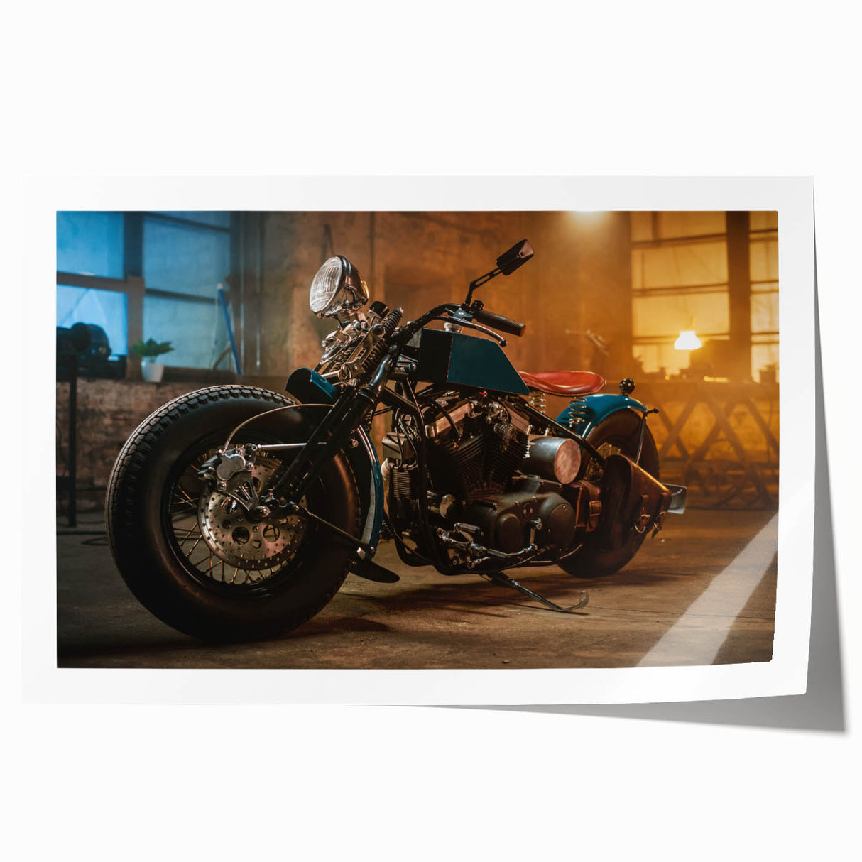Extra large rolled print of a motorcycle in monochrome, ideal for art wall dining room.