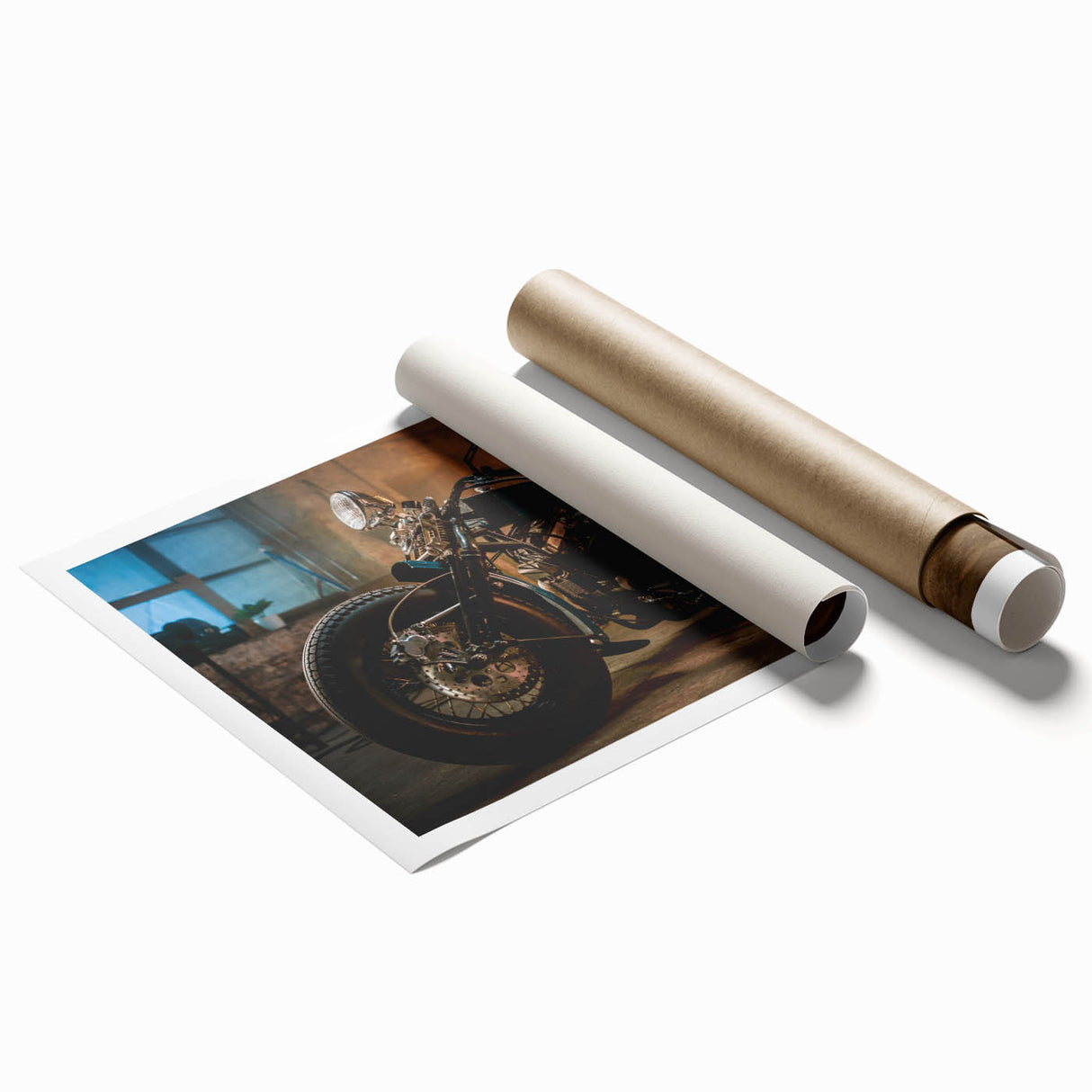 Extra large wall art featuring a monochrome motorcycle design on a rolled canvas, suitable for a classy bathroom setting.
