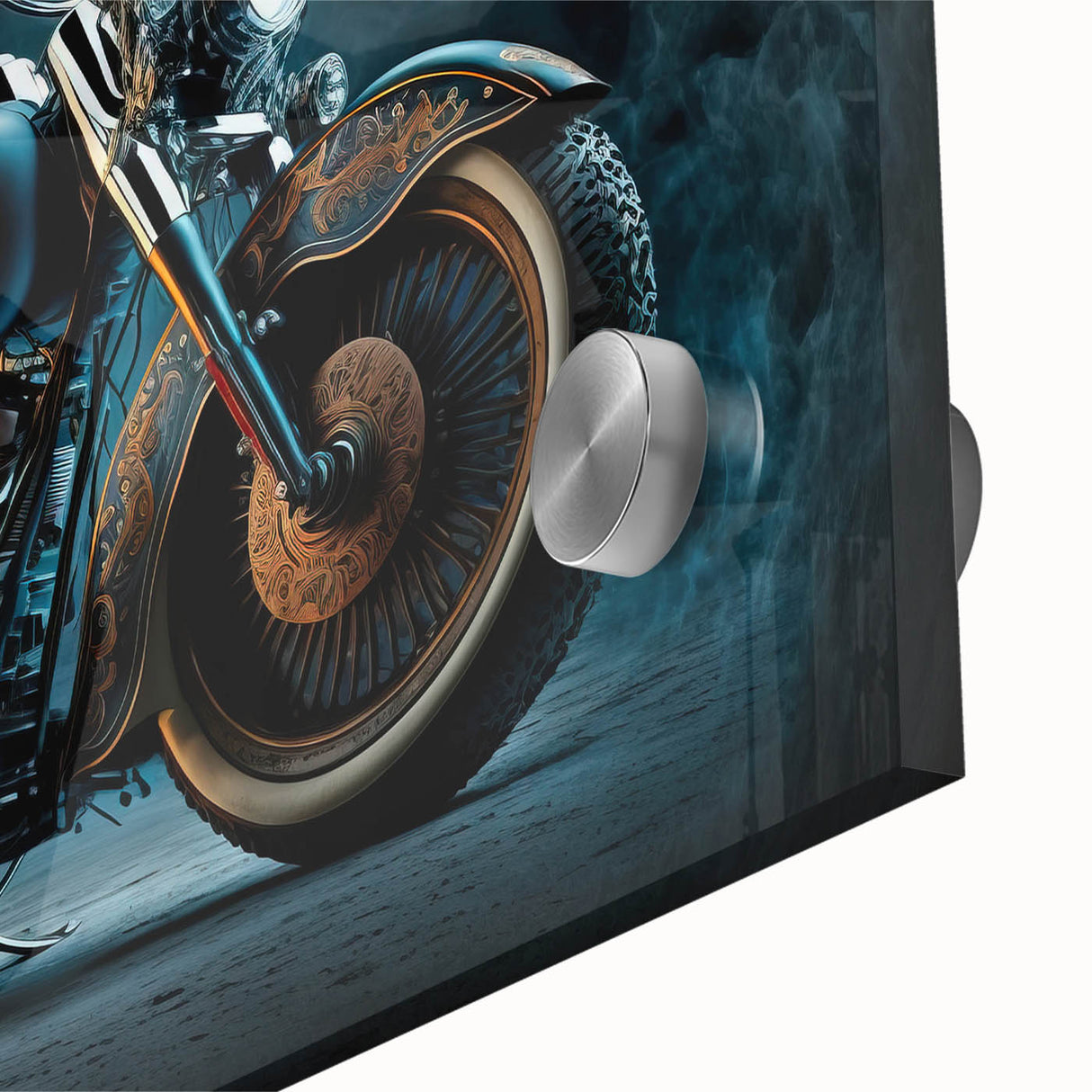 Large abstract motorcycle print in mid-century modernist style on acrylic, featuring bold black and white colors.