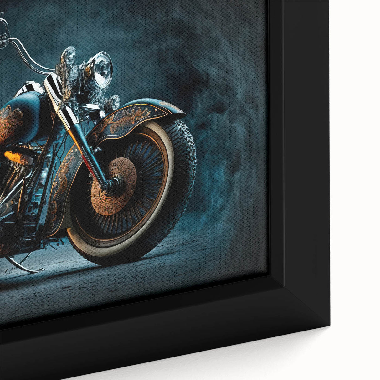 Extra large, textured black wall art featuring a colorful, abstract motorcycle design on a framed canvas.