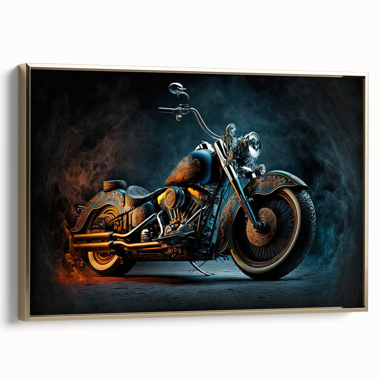 Black and white framed canvas featuring a side view of a vintage motorcycle, ideal for bedroom wall decor.