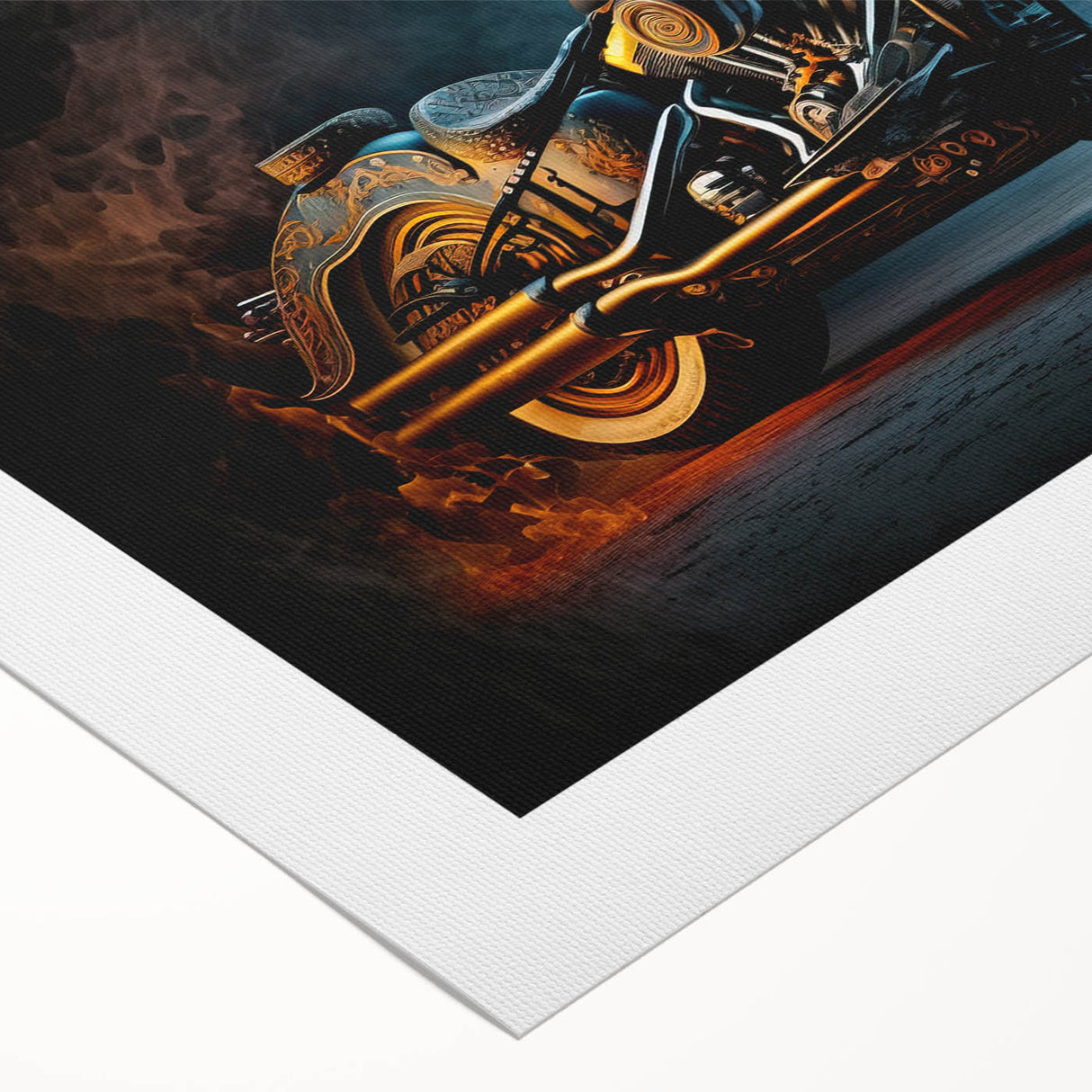 Art deco poster featuring a vintage motorcycle in muted sepia tones, printed on rolled canvas.