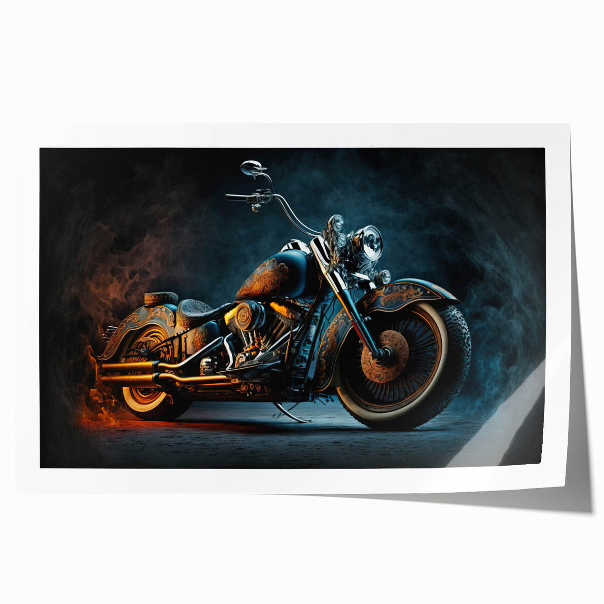 Rolled print of a vintage motorcycle in muted brown tones, suitable as art wall for dining room.