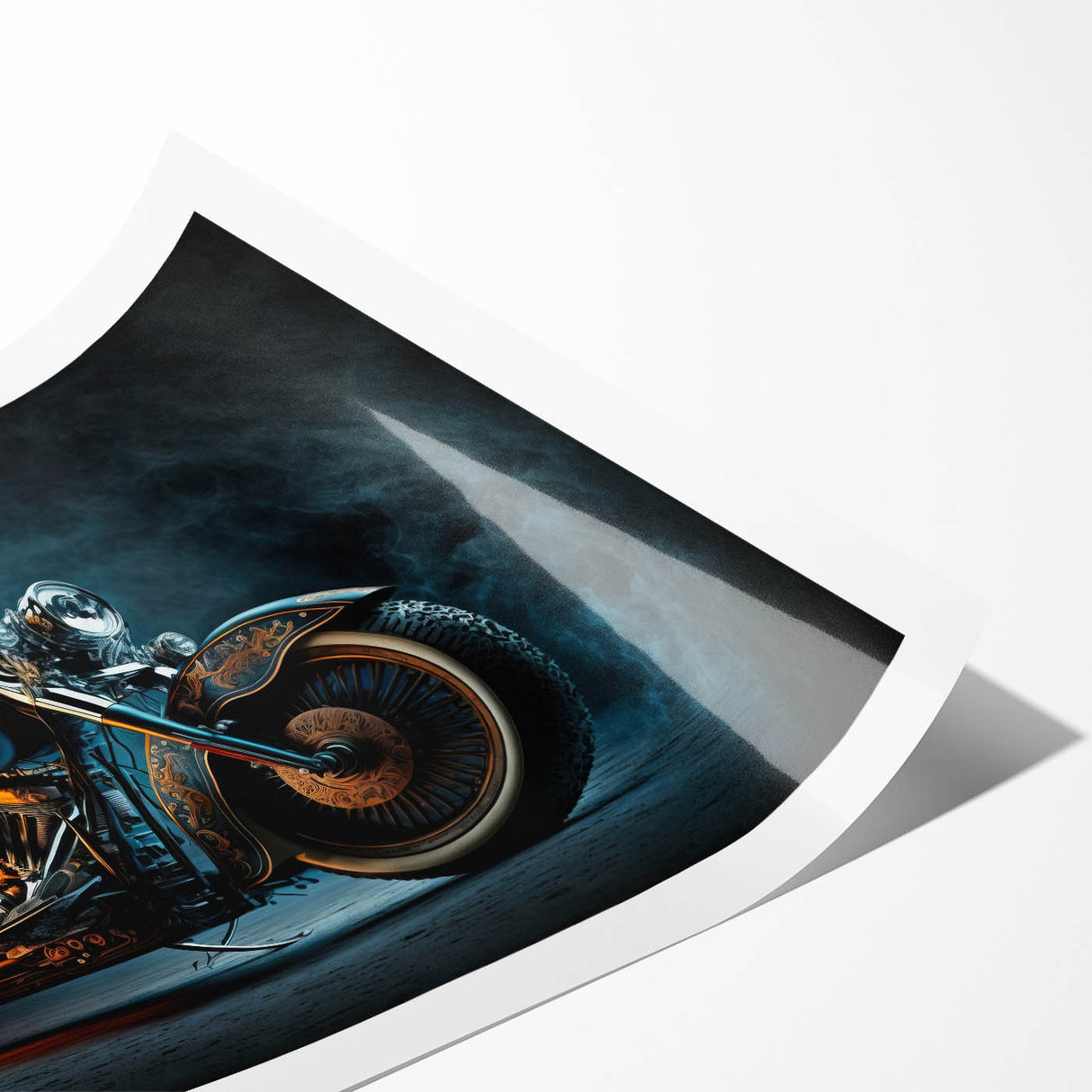 Extra large wall art featuring a detailed line art motorcycle on a rolled print, ideal for large living room decor.