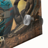 Large abstract wall art featuring a mid-century modernist motorcycle design in monochrome shades on acrylic glass.