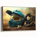 Side view of a vintage motorcycle in black and gold on a framed canvas, suitable for bedroom wall art.