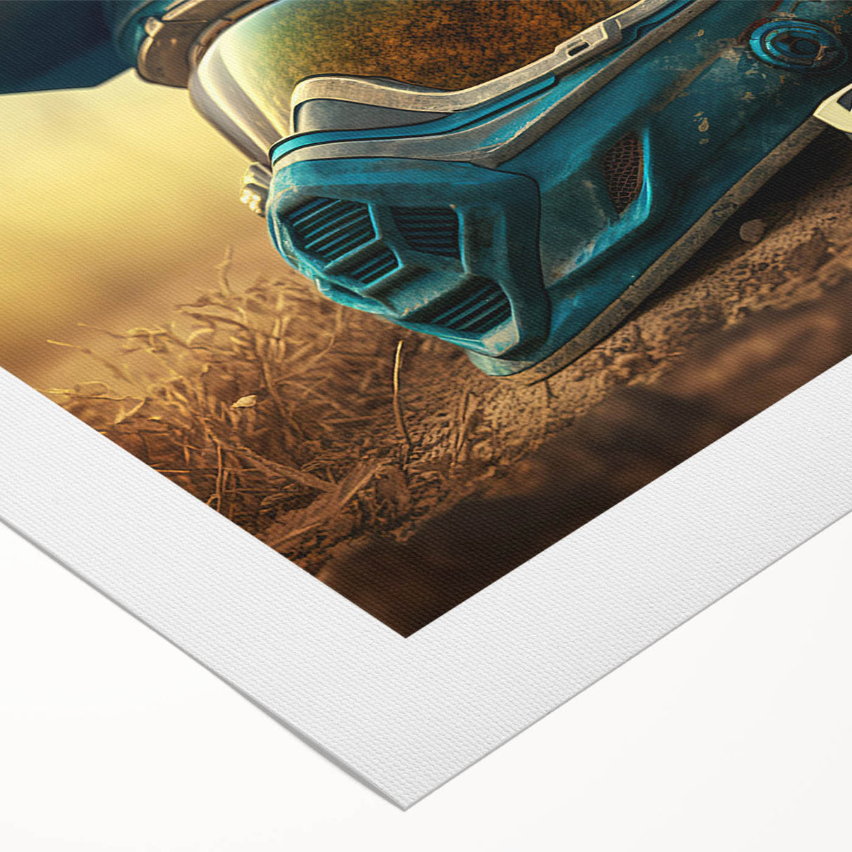Art deco poster featuring a vintage motorcycle in muted metallic tones on rolled canvas.