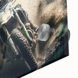 Mid-century modernist acrylic print of an abstract motorcycle, featuring bold orange and black hues.