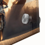 Acrylic print of a large abstract motorcycle design in vibrant colors, suited for dining room art.