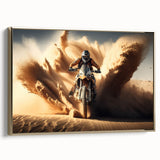 Side view of a vintage motorcycle in black and gold on a framed canvas, suitable as wall art for a bedroom.