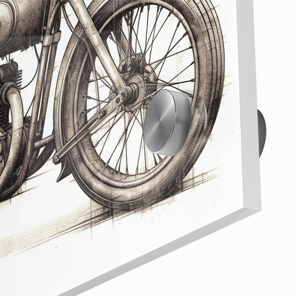 Large abstract wall art featuring a close-up of a motorcycle, in mid-century modernist style, printed on acrylic glass.