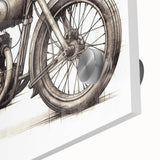Large abstract wall art featuring a close-up of a motorcycle, in mid-century modernist style, printed on acrylic glass.