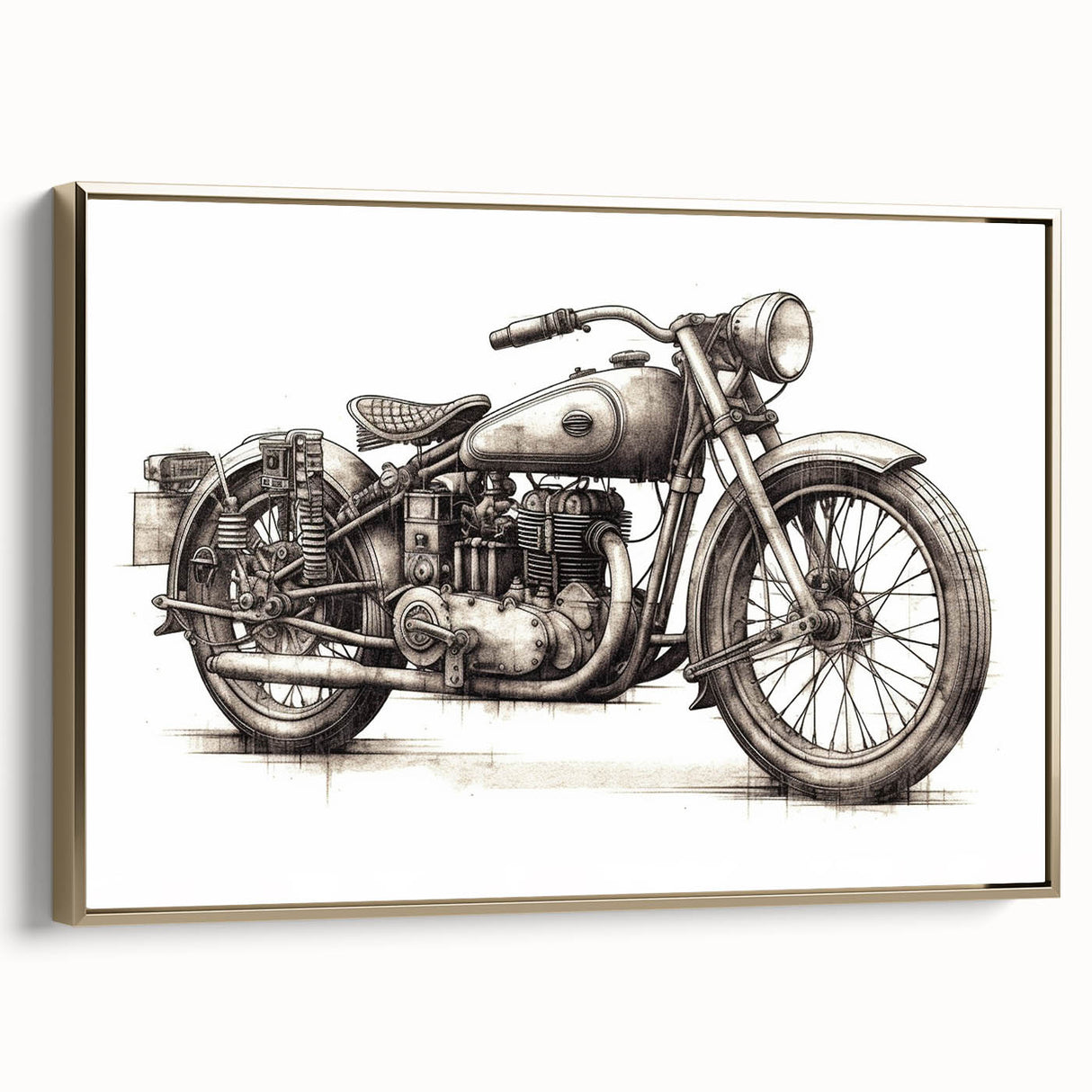 Side view of a vintage motorcycle in black and gold on a framed canvas, ideal for bedroom wall decor.