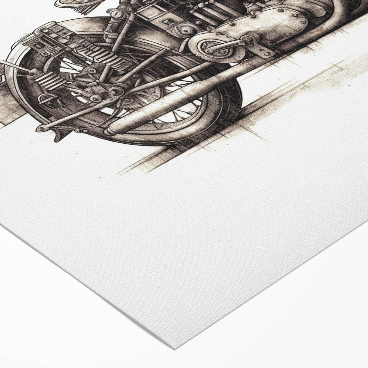Art deco poster of a vintage motorcycle in muted metallic tones on rolled canvas, suitable for dining room decor.