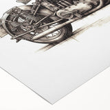 Art deco poster of a vintage motorcycle in muted metallic tones on rolled canvas, suitable for dining room decor.