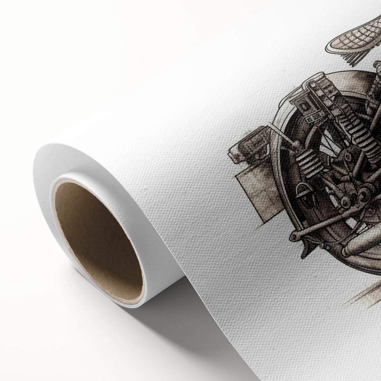 Art deco style motorcycle illustration in monochrome tones on rolled canvas, ideal for nursery wall art or dining room decor.