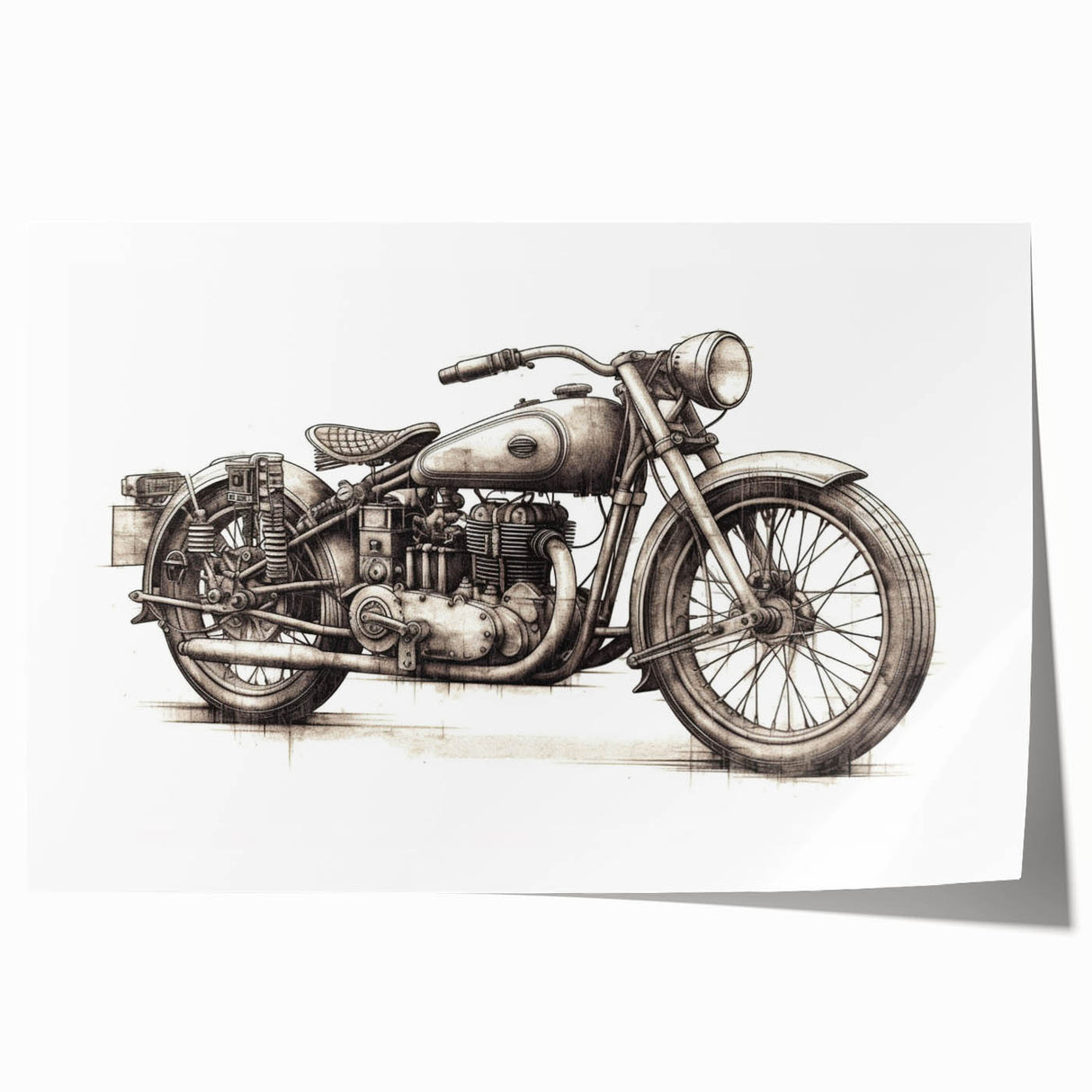 Extra large wall art of a vintage motorcycle, rendered in grayscale on rolled canvas.