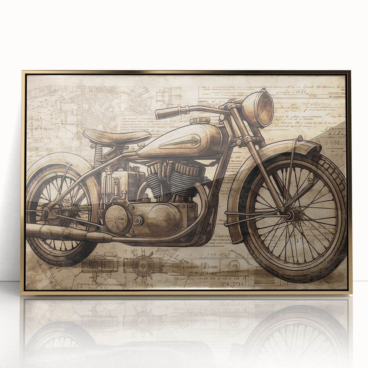 Art deco poster of a vintage motorcycle in gold and black tones, acrylic print framed, suitable for modern art wall decor.