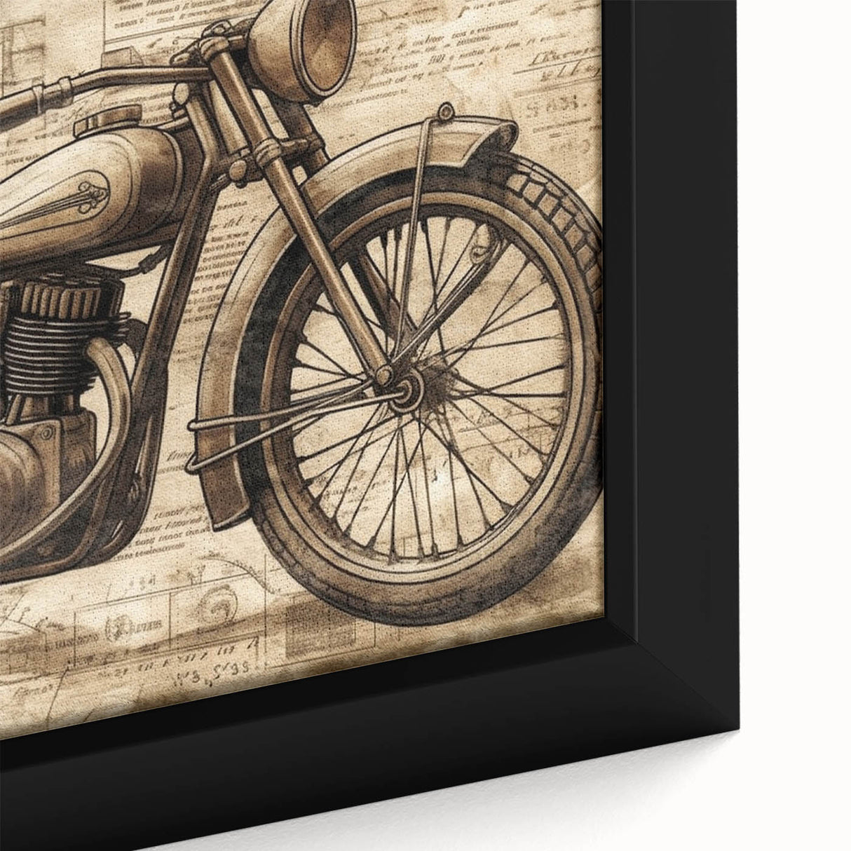 Extra large framed canvas of a black motorcycle with colorful, textured details, suitable for living room decor.