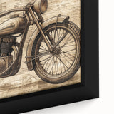 Extra large framed canvas of a black motorcycle with colorful, textured details, suitable for living room decor.