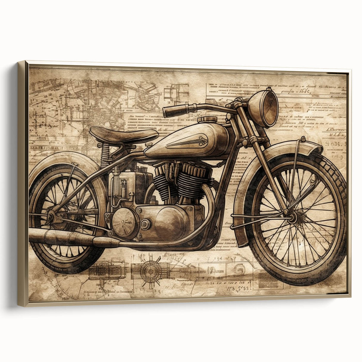 Side view of a vintage motorcycle in black and gold on a framed canvas, suitable for bedroom wall art.