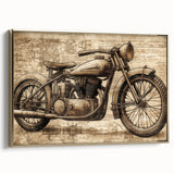 Side view of a vintage motorcycle in black and gold on a framed canvas, suitable for bedroom wall art.