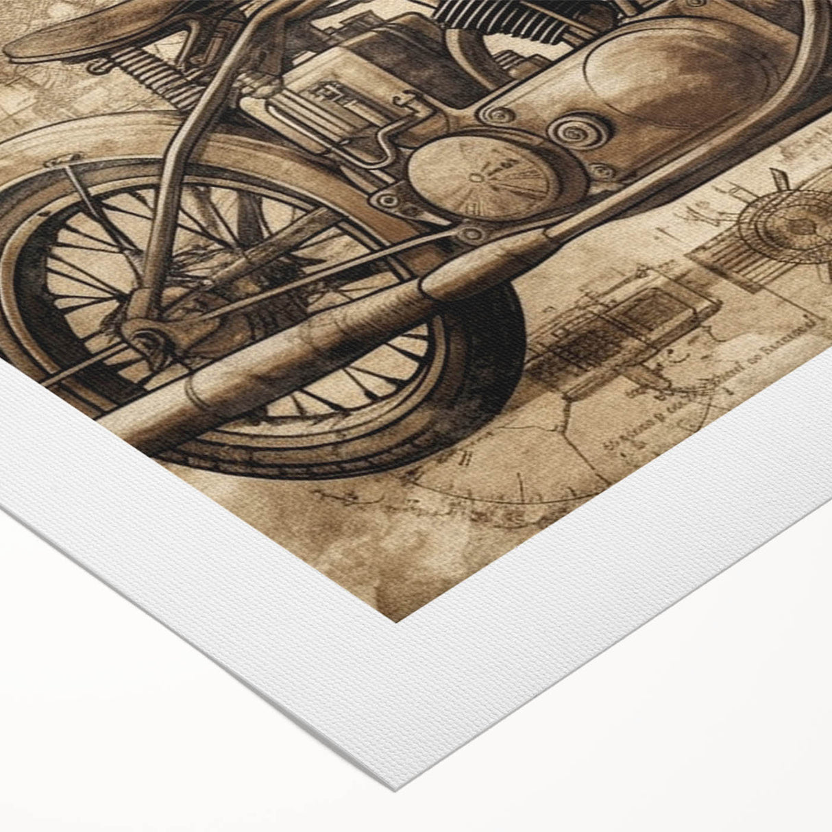 Art deco poster featuring a vintage motorcycle in monochrome tones on a rolled canvas, suitable for dining room decor.
