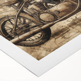 Art deco poster featuring a vintage motorcycle in monochrome tones on a rolled canvas, suitable for dining room decor.