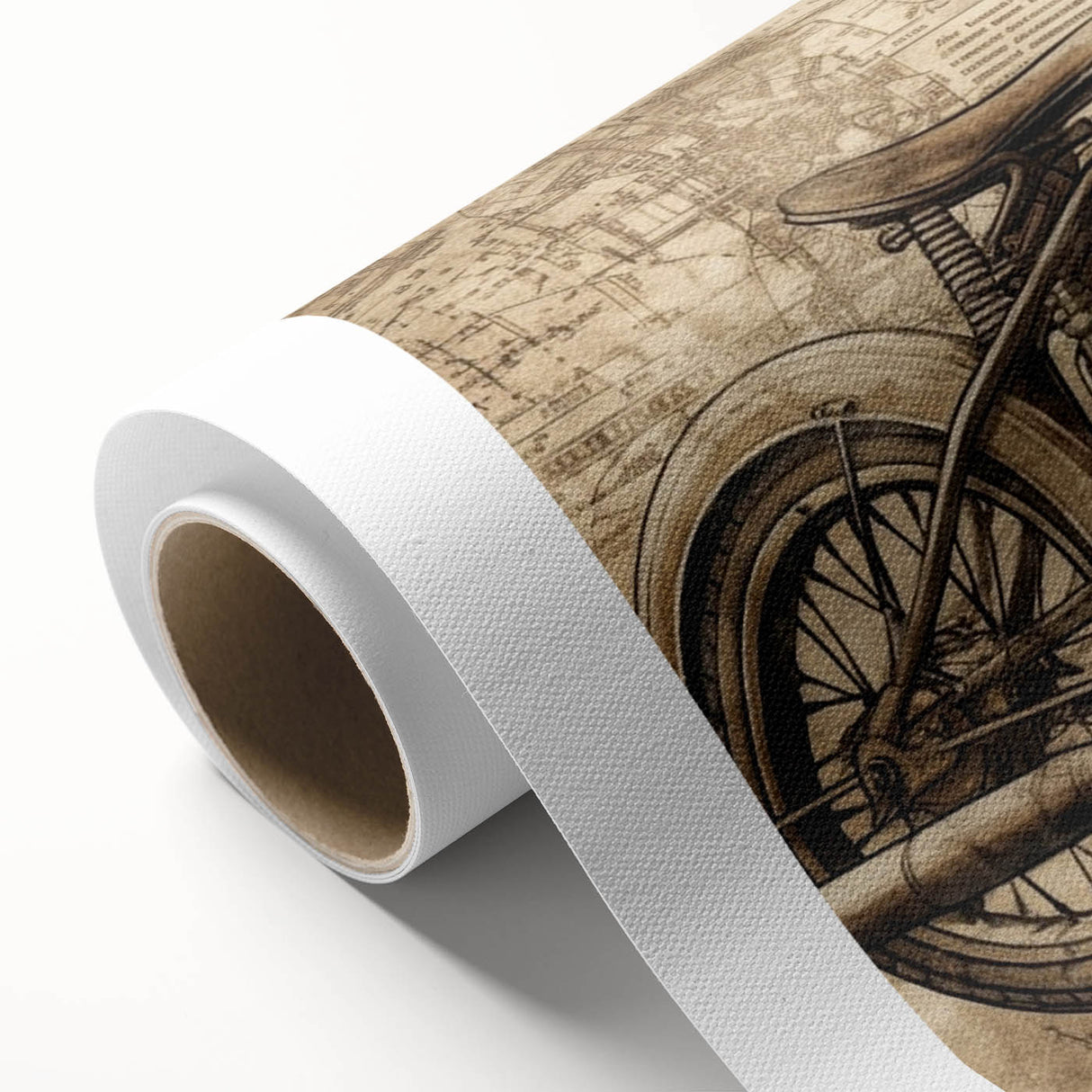 Art deco style motorcycle poster in monochrome shades, printed on rolled canvas.