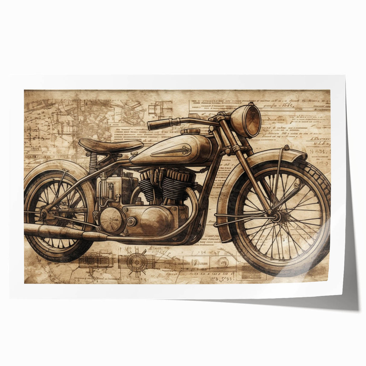 Rolled print of a vintage motorcycle in muted black and gray tones, ideal for art wall dining room.