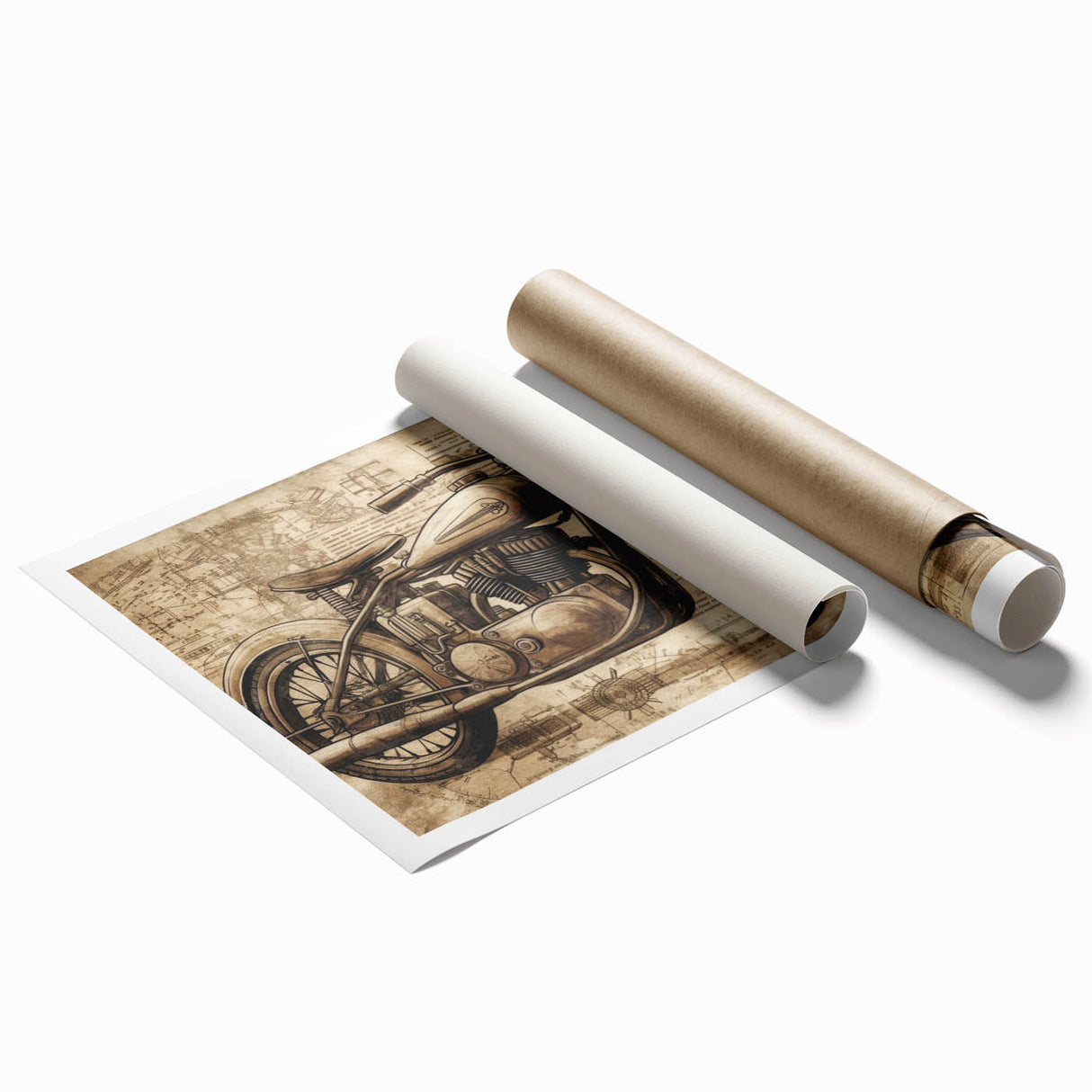 Extra large wall art featuring a line art motorcycle on a rolled print, set against a minimalist black and white backdrop.