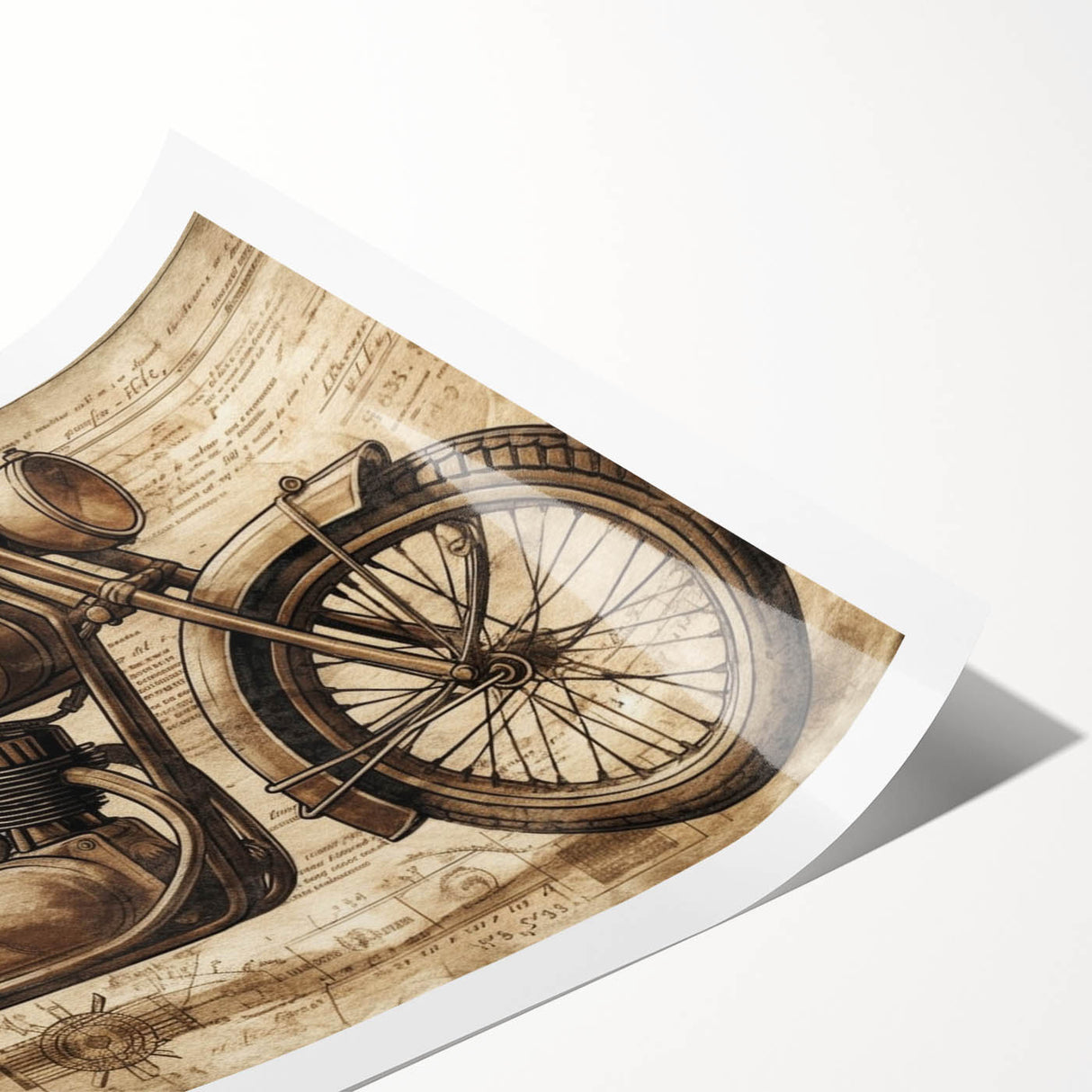 Extra large rolled print featuring a detailed motorcycle design in monochrome tones, ideal for bathroom wall decor.
