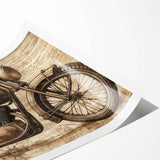 Extra large rolled print featuring a detailed motorcycle design in monochrome tones, ideal for bathroom wall decor.
