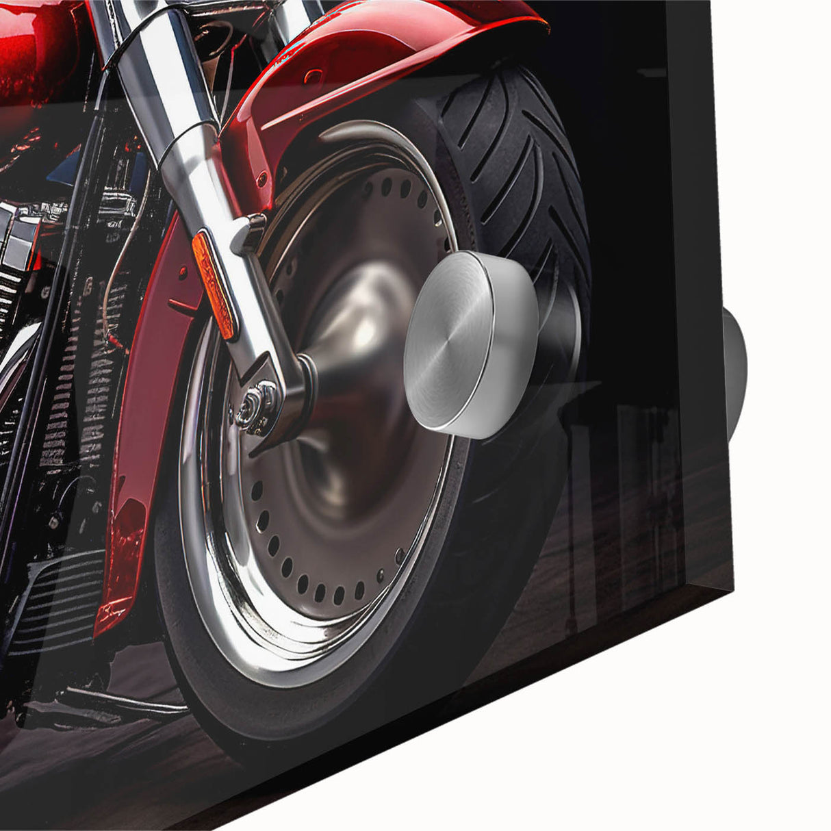 Large abstract wall art depicting a motorcycle, in mid-century modernist style with vibrant hues, on acrylic glass.