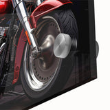 Large abstract wall art depicting a motorcycle, in mid-century modernist style with vibrant hues, on acrylic glass.