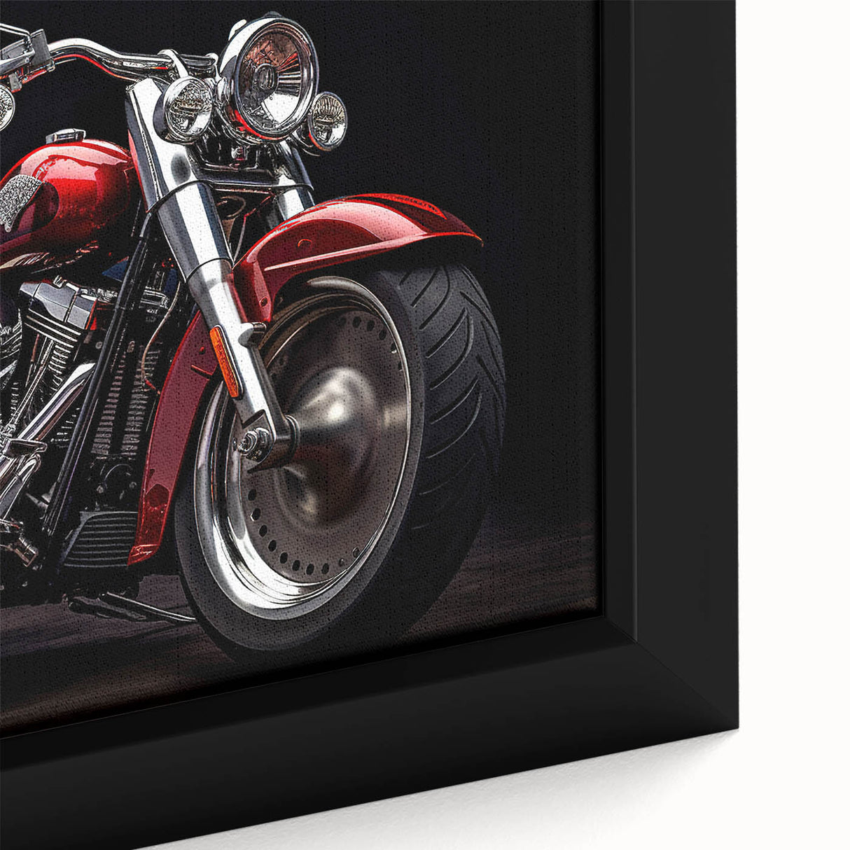 Extra large framed canvas featuring a textured black motorcycle on a colorful abstract background.