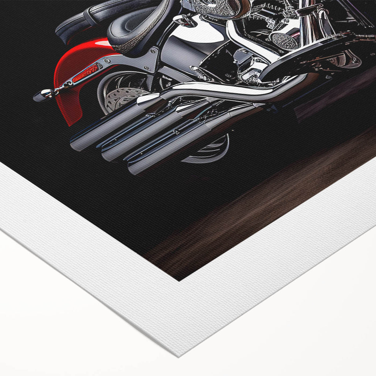 Art deco poster of a classic motorcycle in muted silver and black tones on rolled canvas, suitable for dining room wall art.