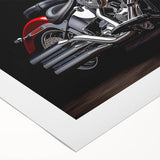 Art deco poster of a classic motorcycle in muted silver and black tones on rolled canvas, suitable for dining room wall art.