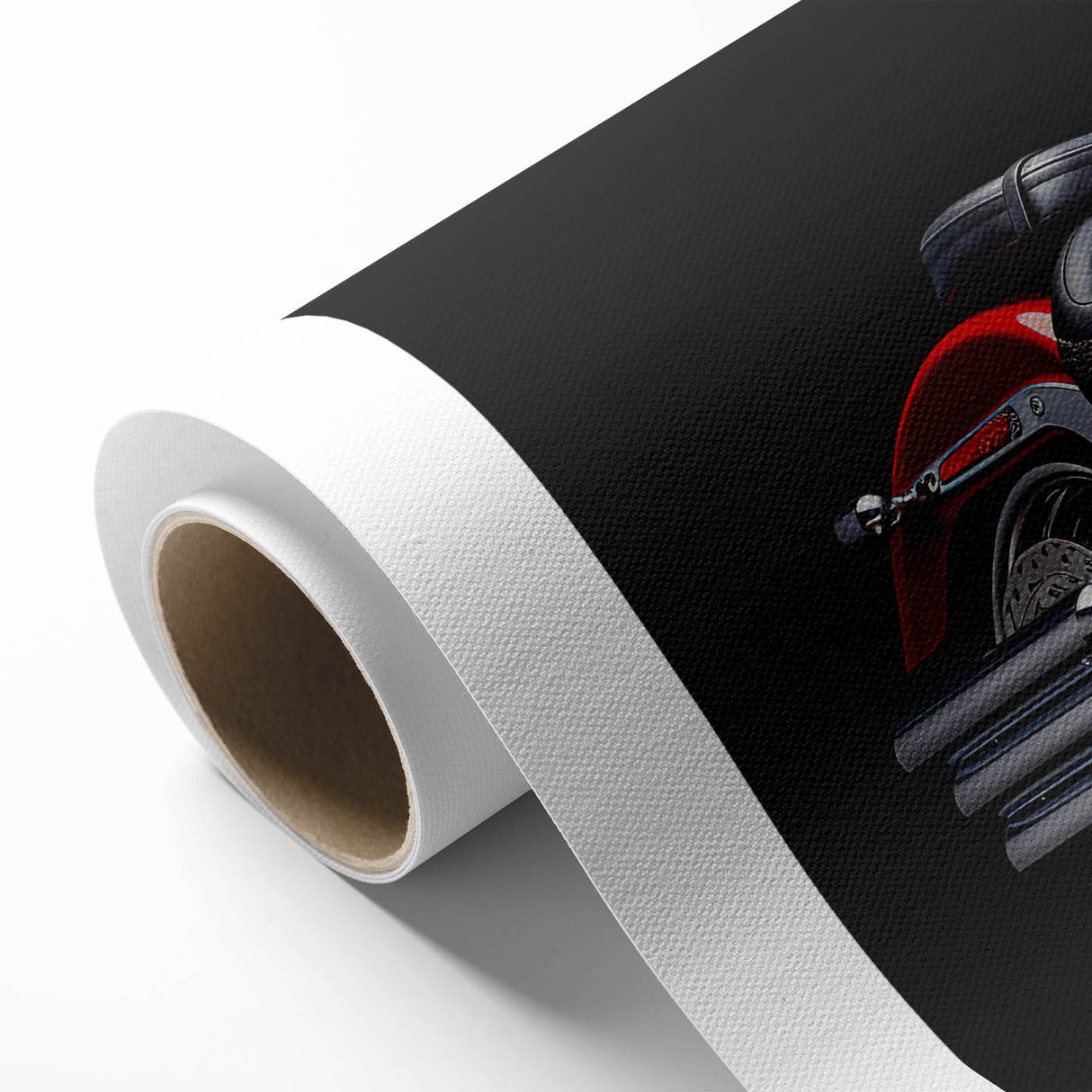 Art deco style poster of a classic motorcycle in monochrome shades, printed on rolled canvas.