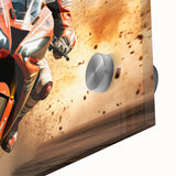 Mid-century modernist motorcycle art in muted gray tones on acrylic glass, ideal for dining room art.