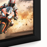 Extra large framed canvas featuring a textured, colorful motorcycle design on a black background.