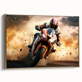 Side view of a vintage motorcycle in black and gold on a framed canvas, ideal for bedroom wall decor.