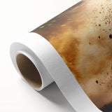 Art deco-style motorcycle illustration in muted gold and black on rolled canvas.