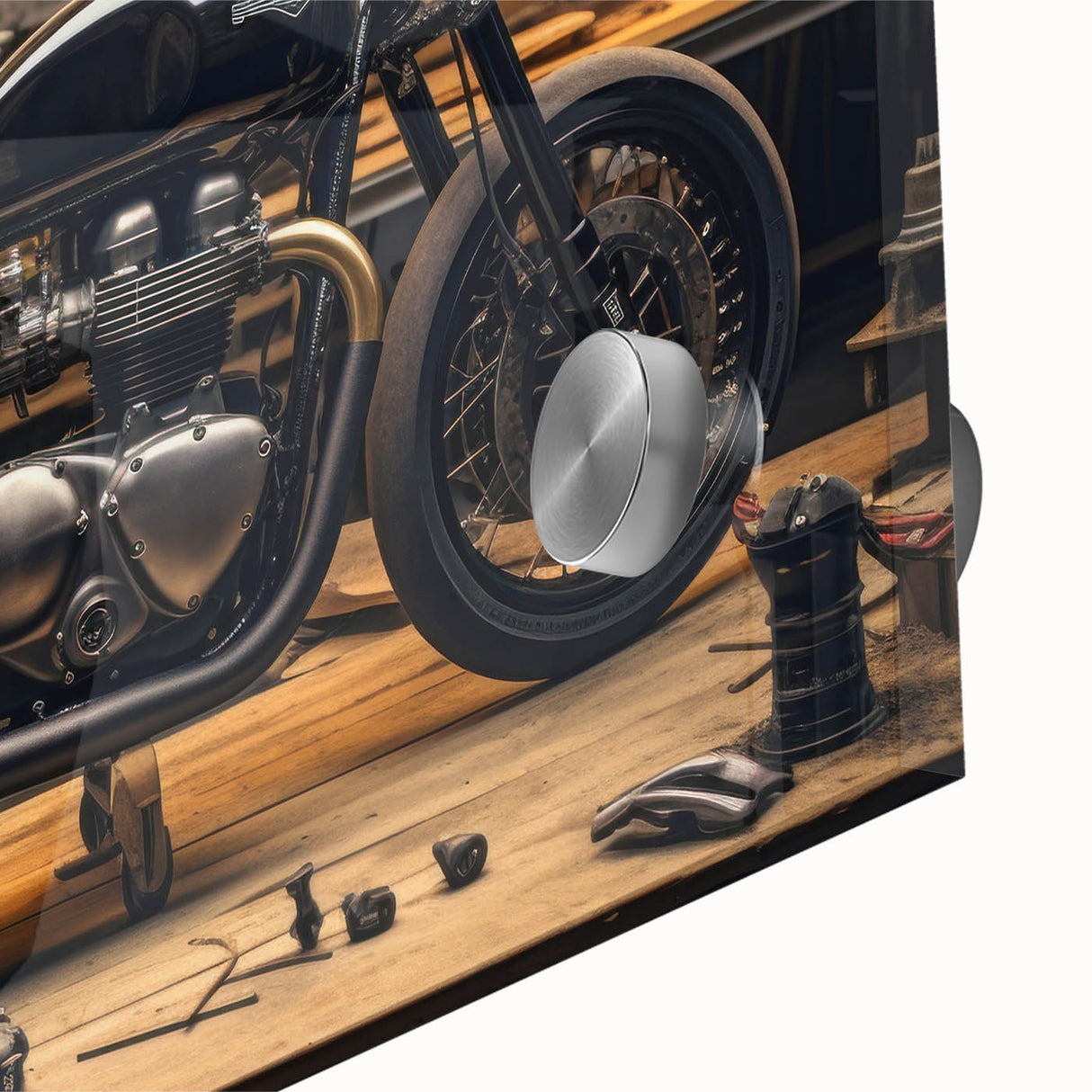 Large abstract wall art featuring a close-up of a motorcycle in muted gray tones on acrylic glass, ideal for dining room art.