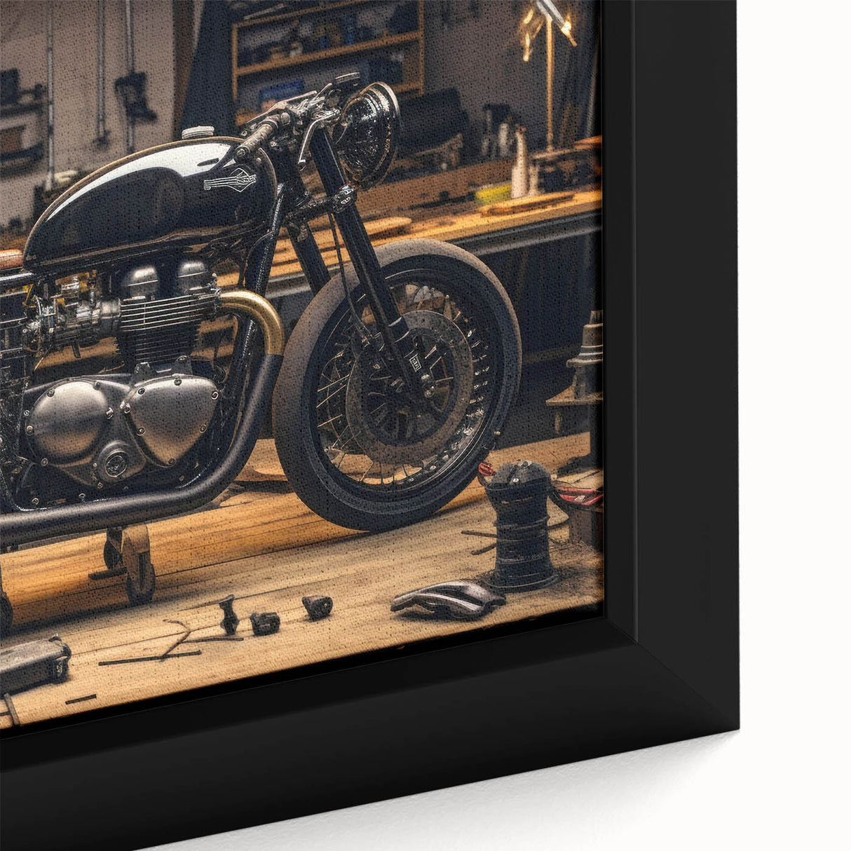 Extra large framed canvas featuring a textured, colorful art depiction of a black motorcycle.